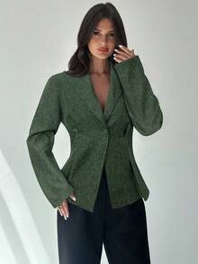 Firerie Women's Casual Linen Waisted Long Sleeve Lapel Collar Thin Blazer Jacket, Apricot In Fall/Winter,Cozy Fall And Winter Clothes For Women - Army Green - View 4