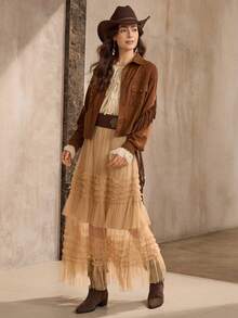 Wildy 美国西部乡村休闲绒面棕色流苏夹克