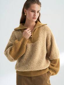 Franclia Women's Casual Loose Fit Half-Zip Long Sleeve Sweater, Autumn/Winter - Camel - View 5