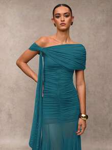 SHEIN BAE Women's Solid Color Ruched Asymmetric Elegant Dress - Teal Blue - View 6