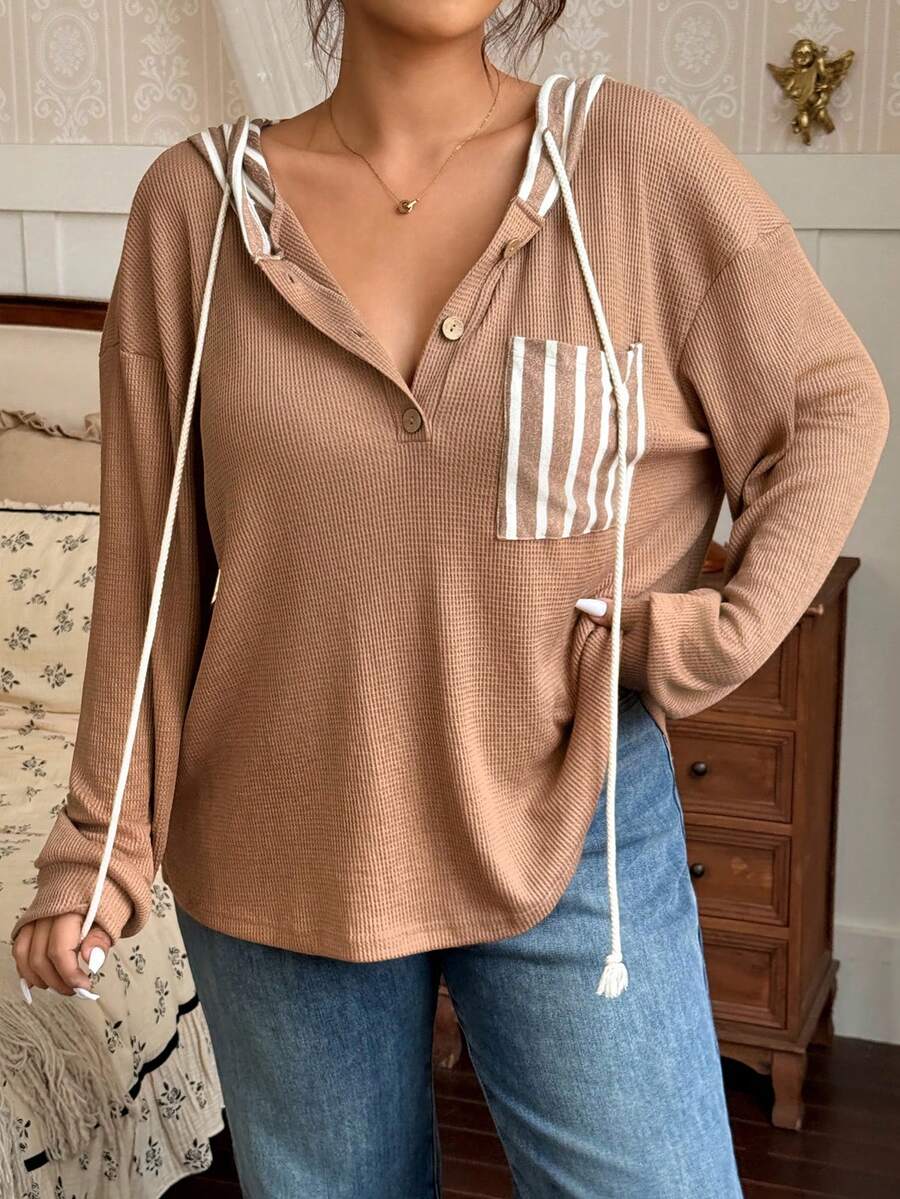 Vionelle Plus Size Colorblock Striped Long Sleeve Hooded Drawstring Pullover Sweatshirt, Casual For Autumn/Winter - Khaki - View 1