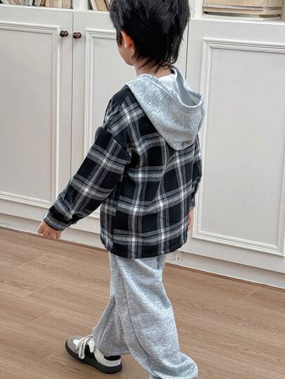 Genkimix Kids 2件套小男孩格子印花连帽衬衫+纯色锥形裤套装