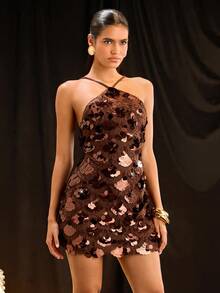 Glamine 女式亮片装饰时尚迷你连衣裙 - 棕色 - 查看 5