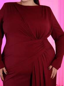 Pretty and Ole 大码女式长袖纯色扭腰优雅连衣裙 - 酒紅色 - 查看 3