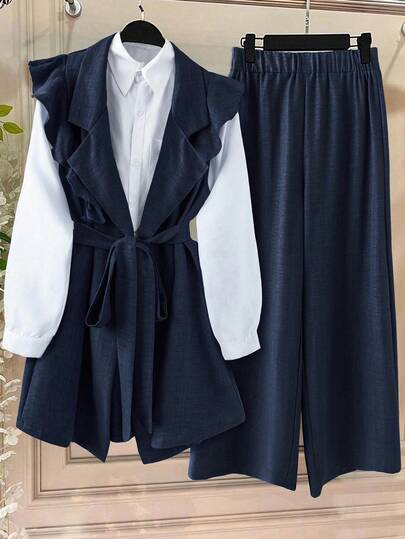 Linhara Plus Size Women's Solid Color Contrast Ruffle Trim Faux Pocket Full Button Elegant Office Blazer Jacket + Solid Button A-Line Simple Versatile Skirt 2 Pieces Set