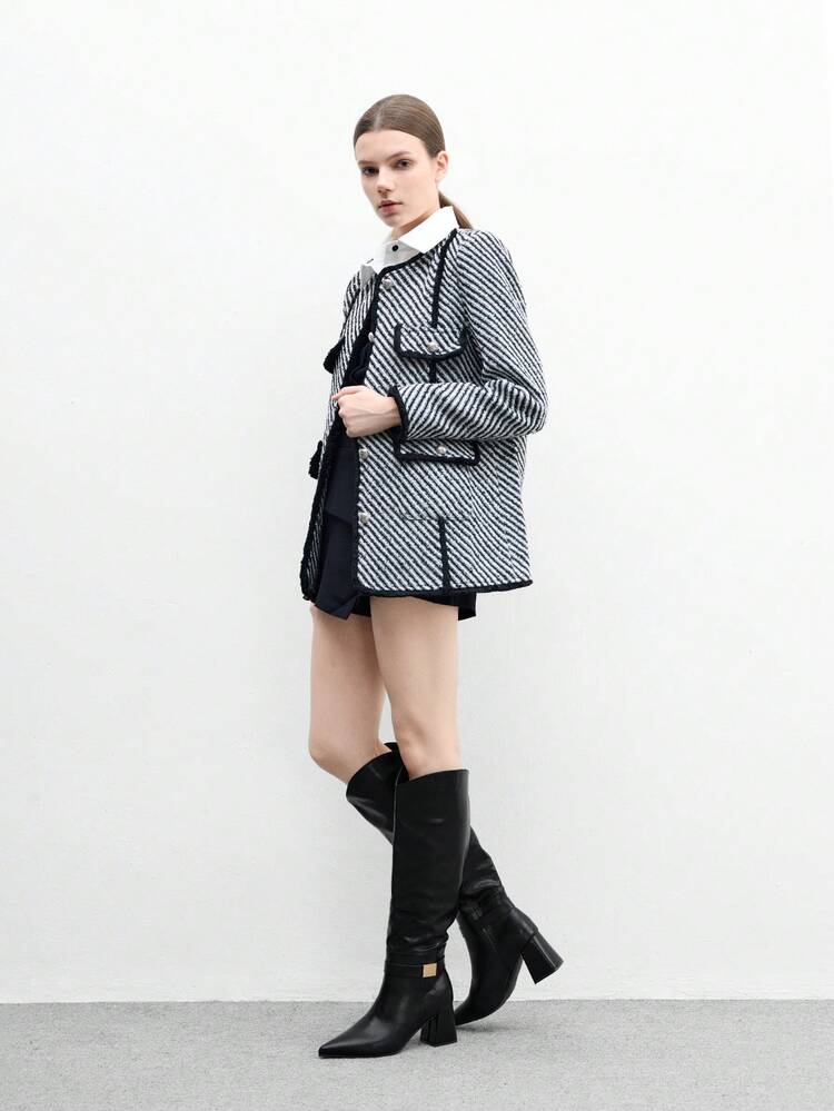 CUCCOO BIZCHIC Women's Fashion Black Pointed Toe Chunky High Heel Slip-On Knee-High Boots, Versatile For Commute, Daily Wear, Shopping, Party, Autumn/Winter