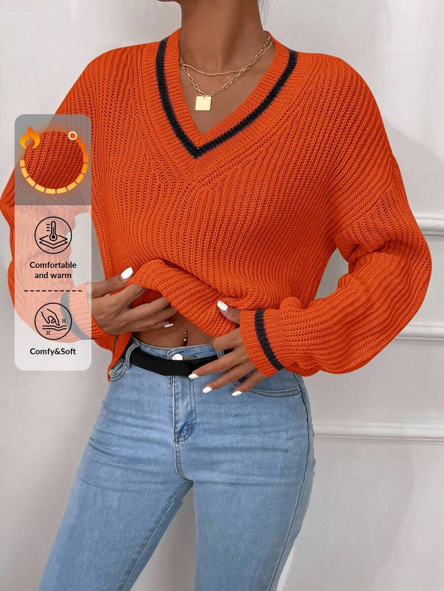 條紋飾邊落肩袖套頭毛衣 - 橘色 - 查看 1