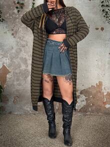 Whyspr 大码朋克风格条纹印花长袖连帽运动衫 - 軍綠色 - 查看 4