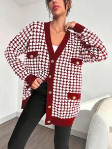 EURMUSE Women's Button-up Cardigan With Houndstooth And Contrasting Stripes - Red - View 4