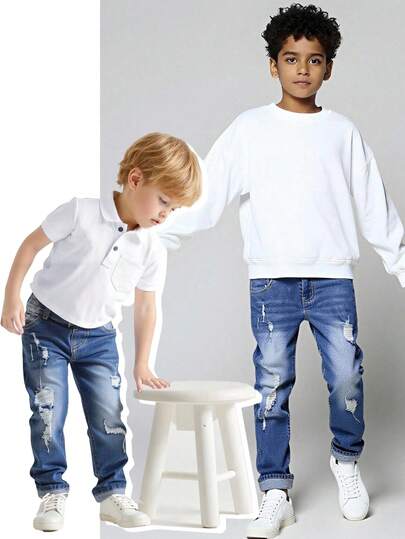 Young Boys Distressed Denim Jeans, Back To School Collection, Casual Collegiate Style, Mid-Blue Wash, Stretchy & Soft, Cuffed Hem, Suitable For Everyday Wear And School Cool Ripped Jeans For Boys