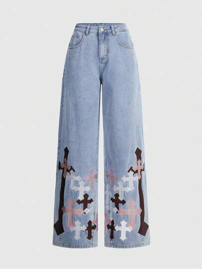 Grunge Punk Women's Super Low Waist Loose Patchwork Cross Straight Leg Jeans
