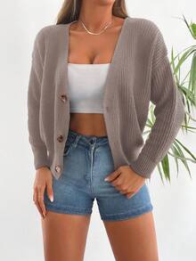 RueChic Drop Shoulder Button Front Cardigan - Brown - View 3