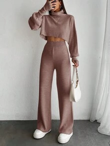 EURMUSE 2pcs Women Casual Long Sleeve Top And Pants Set - Dusty Pink - View 4