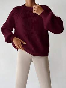 EURMUSE Women's Casual Solid Color Raglan Sleeve Sweater, Autumn - Burgundy - View 3
