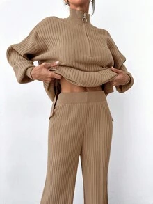 EURMUSE Women's Solid Color Zip-Up Half Placket Drop Shoulder Long Sleeve Long Sweater And Flared Pants Casual 2-Piece Set, Autumn/Winter - Camel - View 5