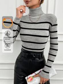 EURMUSE Striped Pattern Turtleneck Sweater