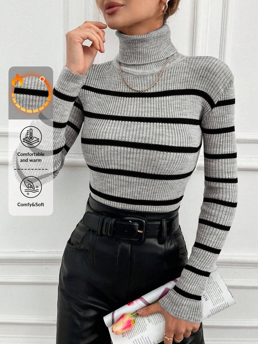 EURMUSE Striped Pattern Turtleneck Sweater
