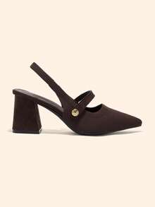 CUCCOO BASICS Women's Fashion Fabric Backstrap Chunky Heel Pointed Toe PU Leather Commuting Slingback Shoes, Suitable For Dates, Parties, And Vacations For Christmas Spring Shoes - Coffee Brown - View 2