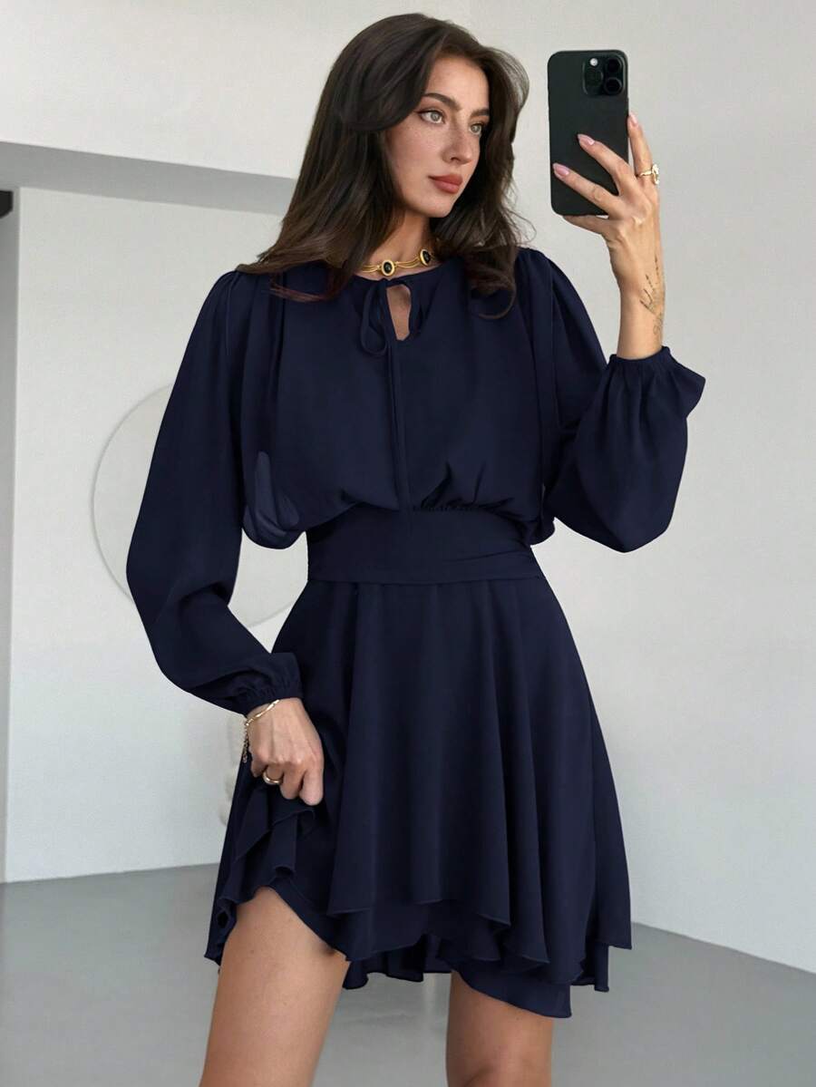 Aloruh Váy mini buộc dây tay dài viền bèo nhún màu tím mận lãng mạn cho ngày lễ hội âm nhạc dành cho nữ