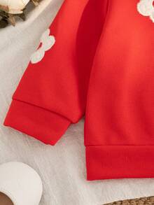 SHEIN Playful Pals 女婴秋冬新款荷叶边领长袖花卉贴花卫衣和罗纹花卉印花喇叭裤休闲运动套装 - 紅色 - 查看 5