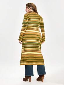 ROMWE Fairycore Vintage Elegant Mori Style Fairy Striped Long Knitted Drawstring Cardigan, Cottagecore Plus Size Mori Style Long Knitted Sweater Cardigan/Winter - Green - View 3