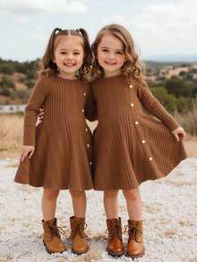 Emery Rose Kids Emery Rose Kids 年轻女孩纯色针织休闲连衣裙 - 棕色 - 查看 2