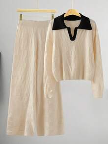EMERY ROSE Completo da donna taglie forti, maglione invernale oversize a collo alto e pantaloni a zampa d'elefante, tuta casual - Albicocca - Visualizzare 1