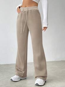 Flirla Women's Low Waist Solid Color Drawstring Waist Casual Sweatpants - Khaki - View 5