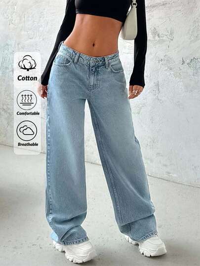 EURMUSE SOLID COLOR SLANT POCKET CASUAL TALL LOW RISE LOOSE JEANS Y2K STYLE Going Out Go Out Light Blue Autumn