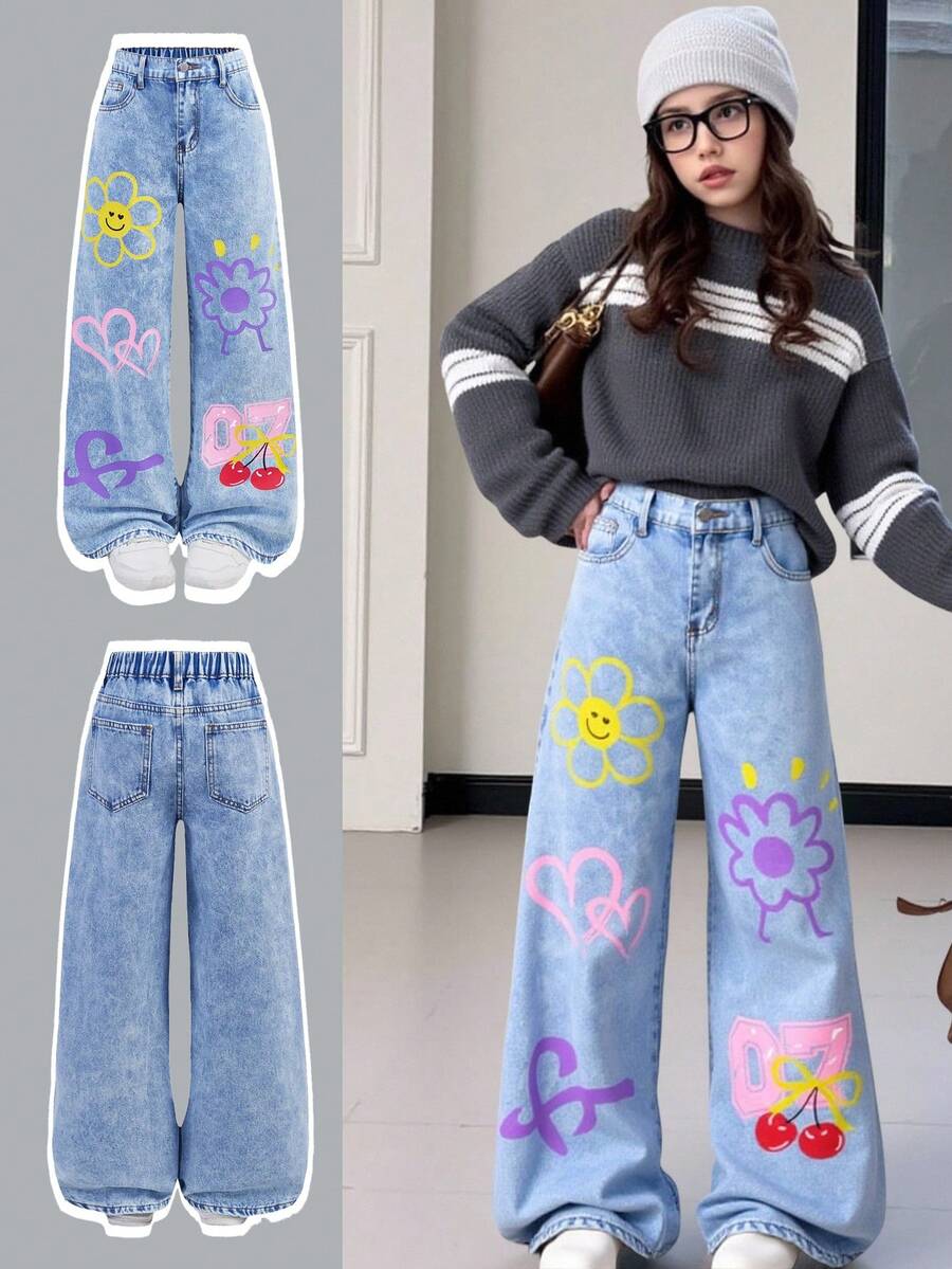 SHEIN Tween Girl Light Blue Graffiti Patterns Loose Denim Jeans,Y2k Vintage Summer Streetwear,Back-To-School School Dailywear Smiling Faces Hearts Flowers - Blue - View 1