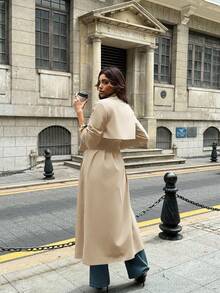 Firerie Women's Elegant Everyday Casual Commuting Office Fashion Navy Blue Long Sleeve Double-Breasted Pocket Cinched Waist Long Trench Coat, Autumn - Beige - View 8