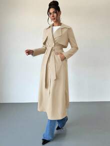 Firerie Women's Elegant Everyday Casual Commuting Office Fashion Navy Blue Long Sleeve Double-Breasted Pocket Cinched Waist Long Trench Coat, Autumn - Beige - View 15