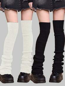 ROMWE Kawaii 2双Y2K风格针织护膝，高品质朋克极简主义黑白纯色袜子，JK风格护腿套，休闲日常多功能针织叠穿袜套 - 黑與白 - 查看 1
