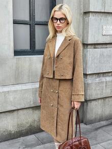 MODELY Ensemble 2 pièces pour adolescentes : Veste coupe-vent en velours côtelé + Jupe mi-longue asymétrique, Design croisé, Style rétro , Convient pour un usage casual, les trajets et les vacances en automne/hiver - Kaki - Voir 6