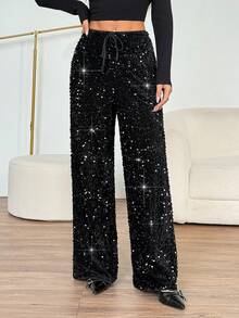 SHEIN PETITE Women's Black Velvet Shiny Sequin Casual/Concert/Cocktail Party/Night Out/Carnival Drawstring Wide Leg Pants Drawstring Pants New Year Party Heavy-Duty Sequined Pants, Perfect For Weddings, Parties, Gatherings, And Commuting. Sparkling And Shimmering. Glitter Pants Black Black Sequin Pants Sparkly Pants Black Sparkly Pants - Black - View 7