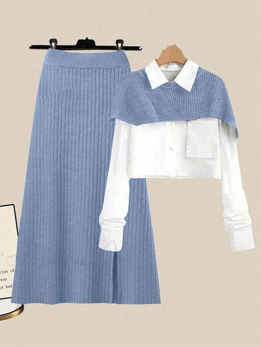 GlowEve Women's Solid Color Asymmetric Knit Shawl Top And Skirt 2 Pieces Set - Baby Blue - View 1