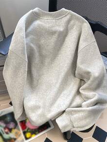 Chillumni 冷静点，老兄！放松一下，自由自在”卡通男孩休闲印花圆领保暖卫衣，休闲百搭经典灰色抓绒卫衣，长袖上衣 - 灰色 - 查看 2