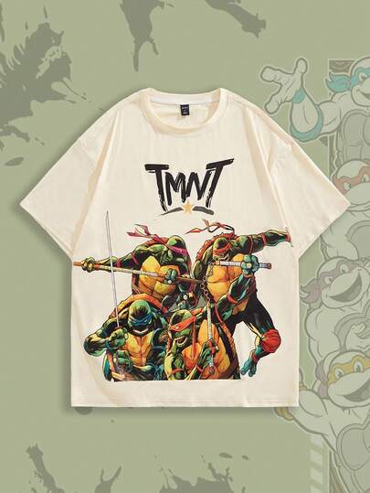 TEENAGE MUTANT NINJA TURTLES X ROMWE Men's Casual Everyday Street Cartoon Turtle & Letter Graphic Dropped Shoulder Loose Short Sleeve T-Shirt, Summer