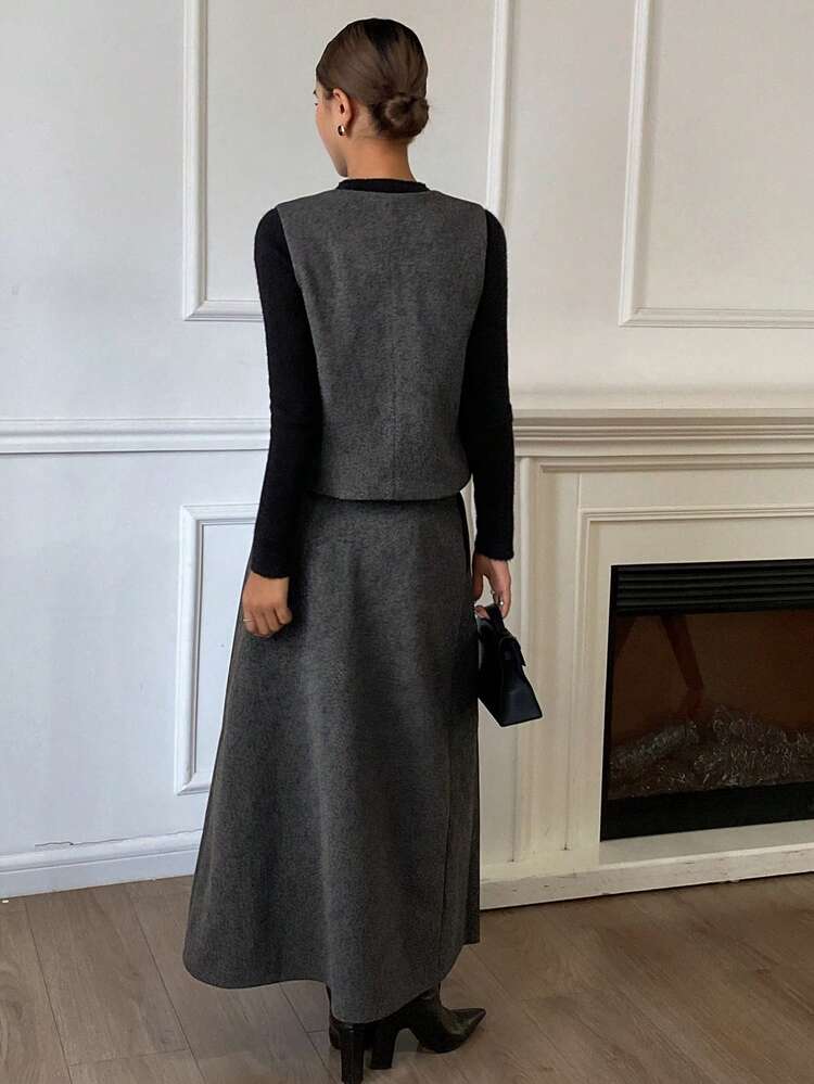 Women's Elegant Solid Color Loose Suit, Round Neck Sleeveless Horn Button Vest Jacket And Pleated Long Skirt Two Pieces Set, Autumn/Winter