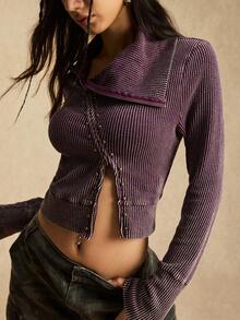 Easelle 复古游牧铆钉不对称领口修身拉链女式 T 恤 - 紫色 - 查看 5