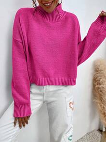 EURMUSE Mock Neck Drop Shoulder Sweater - Hot Pink - View 3