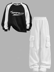 SHEIN Tween Girl Loose Casual Minimalist Comfortable Color Block Crew Neck Sweatshirt And Cargo Pants Set - Black and White - View 7