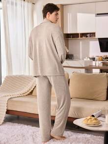 CoupledUp Men's Turndown Collar Top & Long Pants Pajama Clothes Set, Autumn/Winter Lounge Wear Sets Couple Matching Pajamas Set Matching Lounge Set - Khaki - View 2