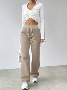 Flirla Women's Low Waist Solid Color Drawstring Waist Casual Sweatpants - Khaki - View 4