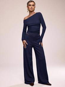 SHEIN BAE 1 Set Solid Color Asymmetric Collar Long Sleeve Top And Pants Suit - Navy Blue - View 5