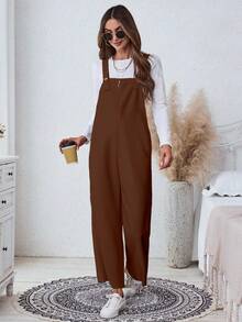 SHEIN LUNE Women's Casual Solid Color Jumpsuit With Pockets, Suitable For Spring/Autumn Outings And Everyday Wear - Brown - View 5
