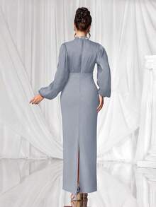 Coutiva 奢华晚礼服，立领长袖水钻装饰优雅礼服 - 霧霾藍 - 查看 2