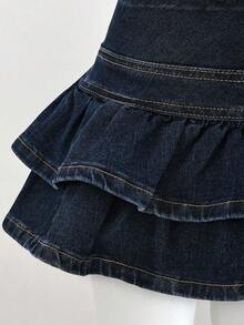 Elamini Women's Ruffle Front Button Denim Mini Skirt - Dusty Blue - View 6
