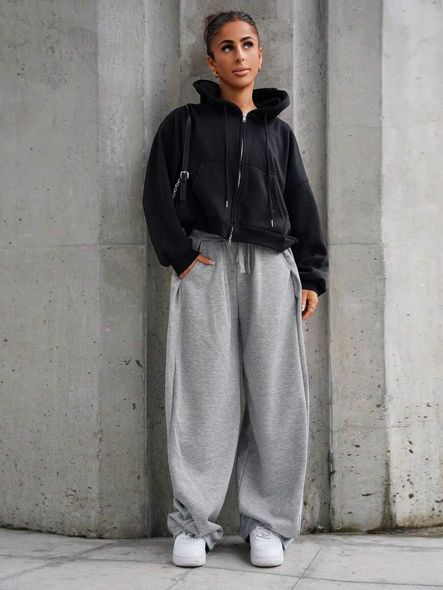 SAYEHFBABY Women's Fall Streetwear Basic Daily Wear Going Out Airport Casual Grey Low Rise Baggy Banana Pants - Grey - View 1