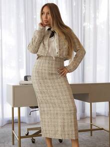 Cioccolato Elegant Plaid Short Jacket And Mini Skirt 2pcs Set, Autumn Fall Cloth For Women - White - View 4